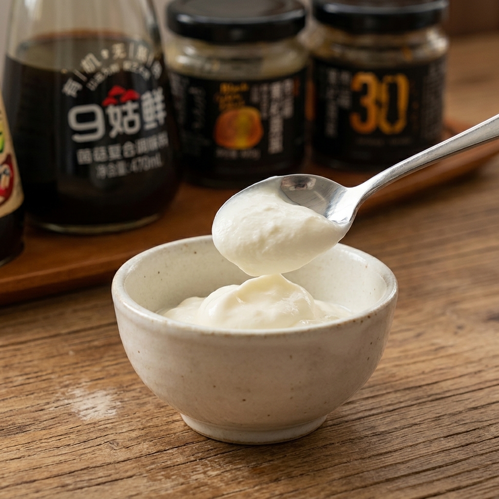 Une cuillerée de mayonnaise ajoutée dans un petit bol rempli de yaourt blanc.