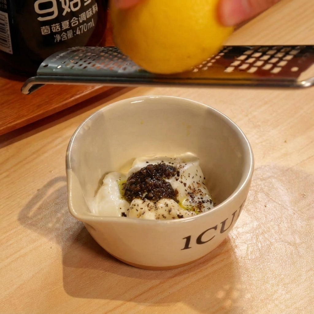Une main râpant un citron jaune frais au-dessus dun bol contenant la sauce yaourt et truffe.
