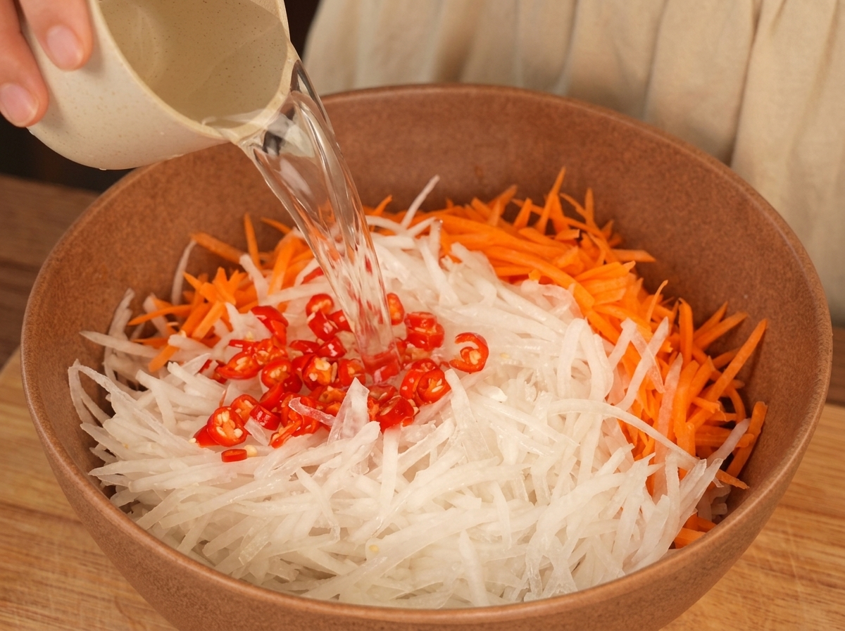 Versement dun liquide clair sur du radis blanc, des carottes et du piment en julienne dans un bol.