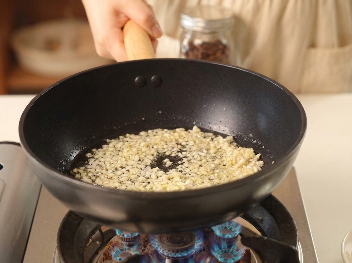 Ail haché cuisant dans une poêle noire avec de lhuile bouillante.