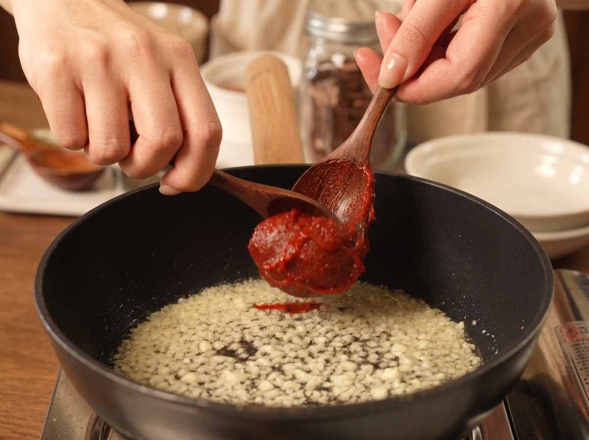 Deux cuillères en bois ajoutant une grosse dose de pâte de piment rouge dans la poêle avec lail.