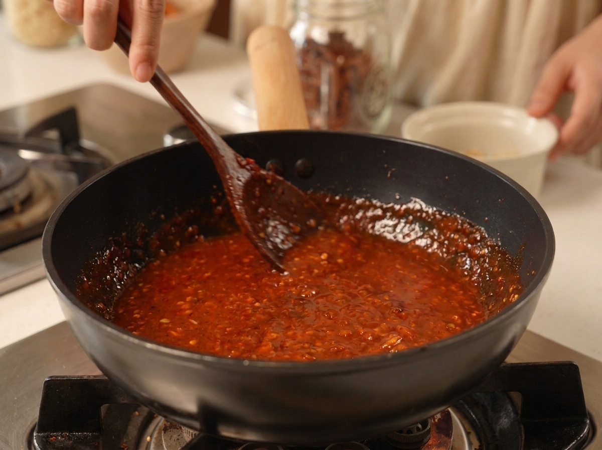 Spatule en bois mélangeant des cacahuètes concassées dans une sauce rouge épaisse.