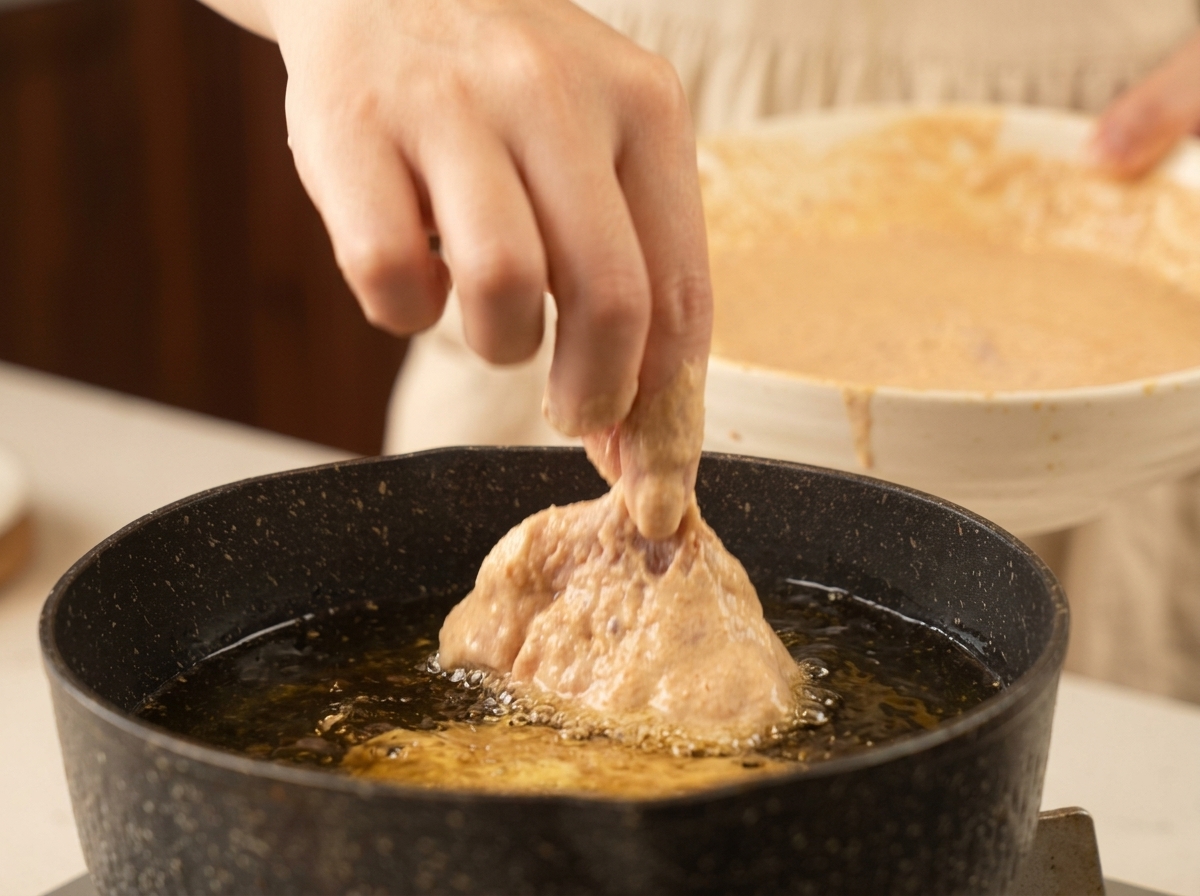 Une main déposant délicatement un morceau de poulet pané dans lhuile bouillante.