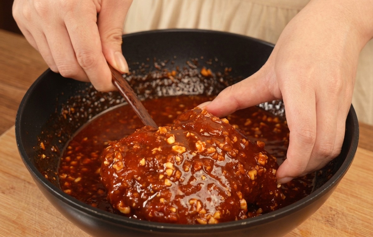 Morceau de poulet frit enrobé dune sauce rouge sombre parsemée de cacahuètes.