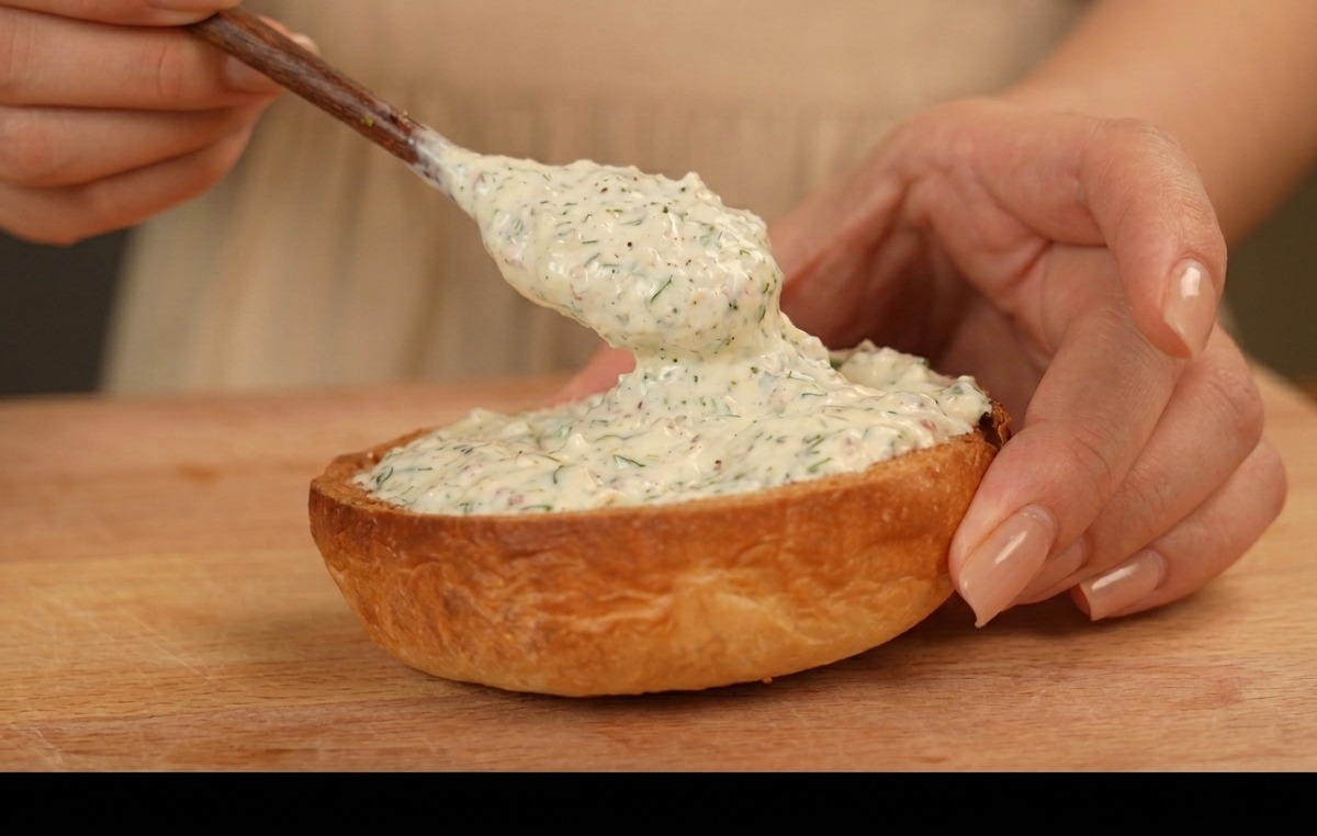 Sauce crémeuse aux herbes étalée sur la base dun pain à burger toasté.