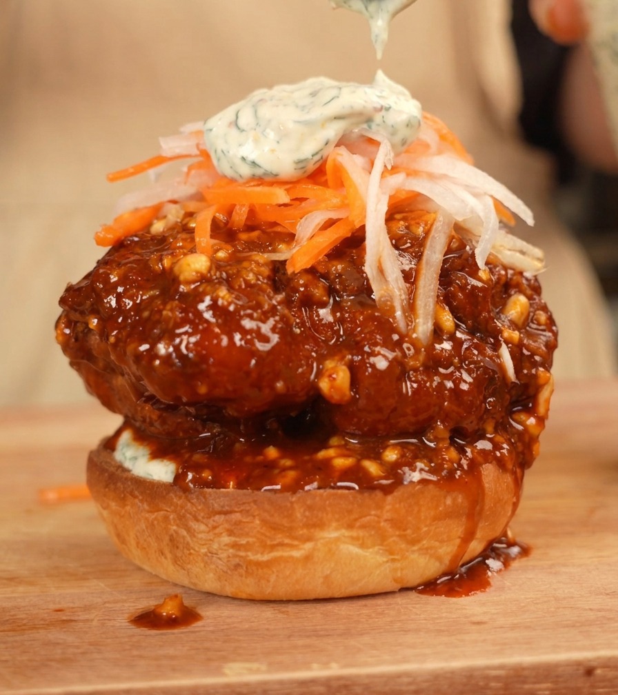 Cuillère de sauce ranch versée sur les légumes croquants dun burger imposant.