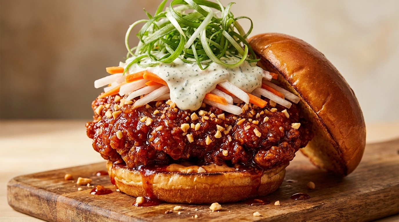 Burger au Poulet Frit Coréen Sauce Aigre-Douce Pimentée