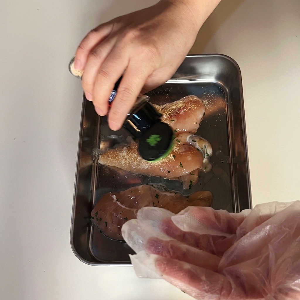 Main saupoudrant de lail en poudre sur des morceaux de poulet crus sur un plateau en métal.