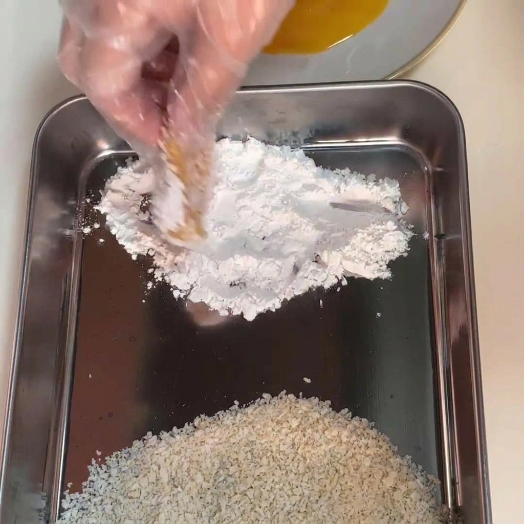 Main gantée passant un morceau de poulet assaisonné dans de la fécule de maïs blanche.