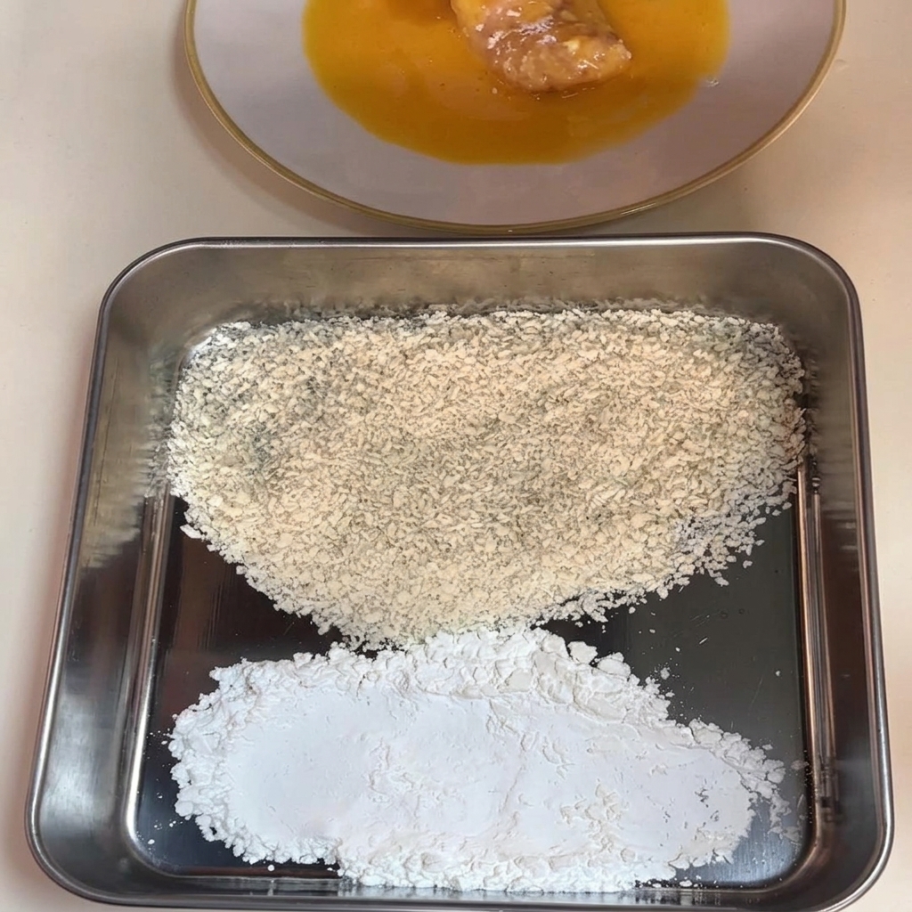 Morceau de poulet fariné trempé dans une assiette dœufs battus.