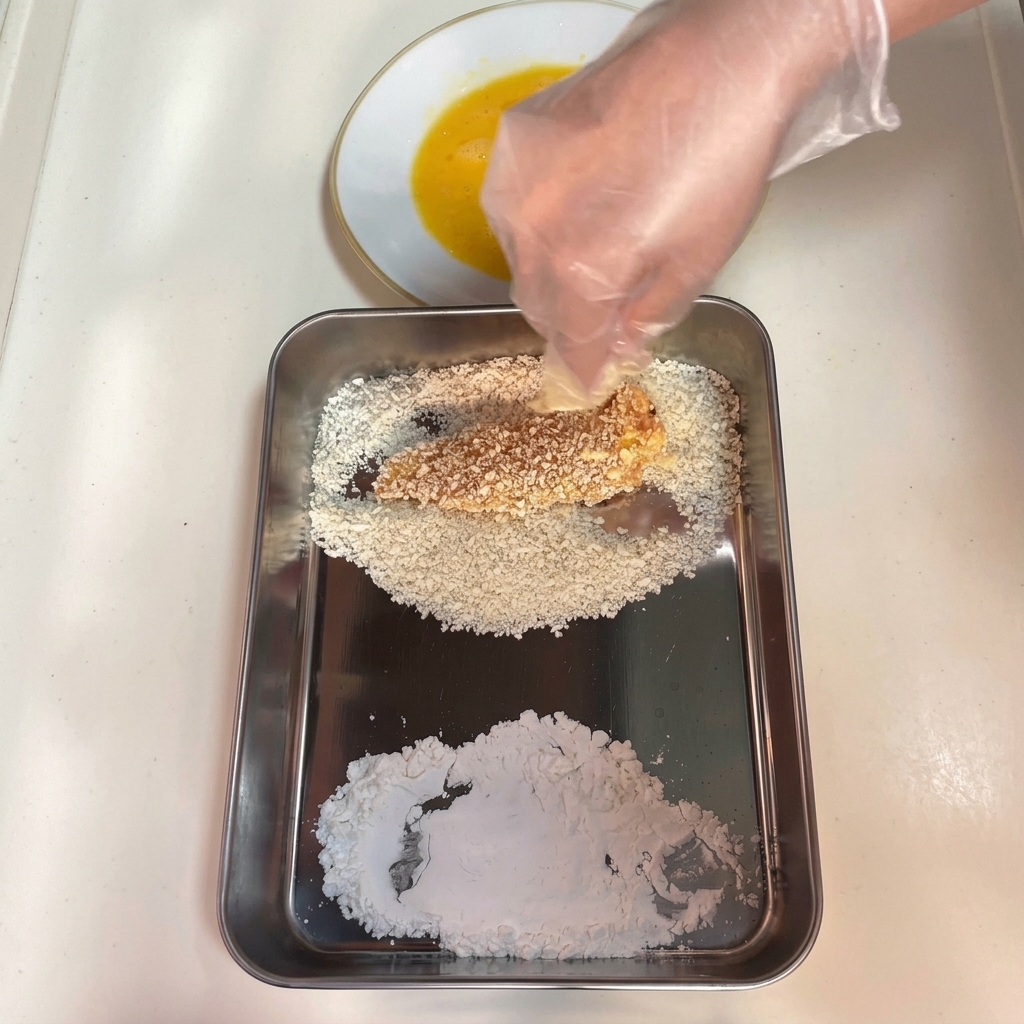 Main gantée pressant fermement un morceau de poulet trempé dans lœuf dans la chapelure panko.