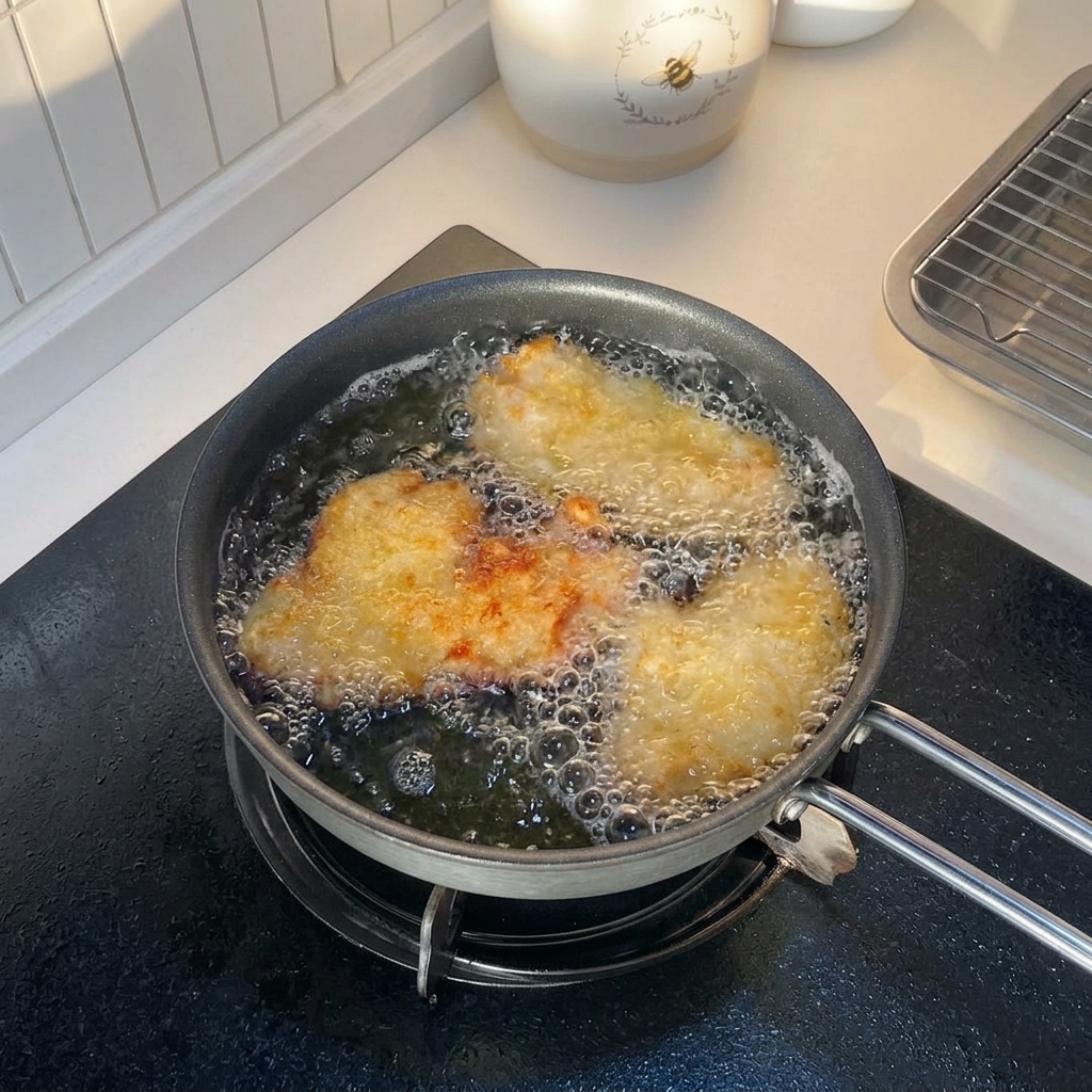Filets de poulet panés frit dans lhuile bouillante, avec les bords devenant dorés.