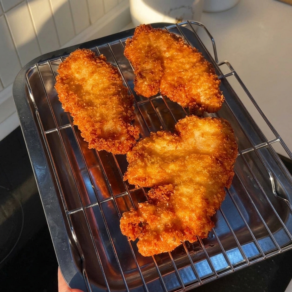 Trois morceaux de poulet frit bien dorés reposant sur une grille de refroidissement en inox.