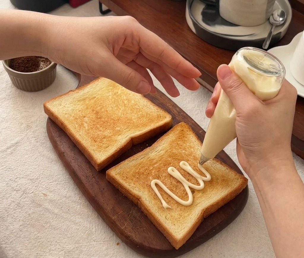 Personne versant de la mayonnaise allégée sur une tranche de pain de mie grillée.