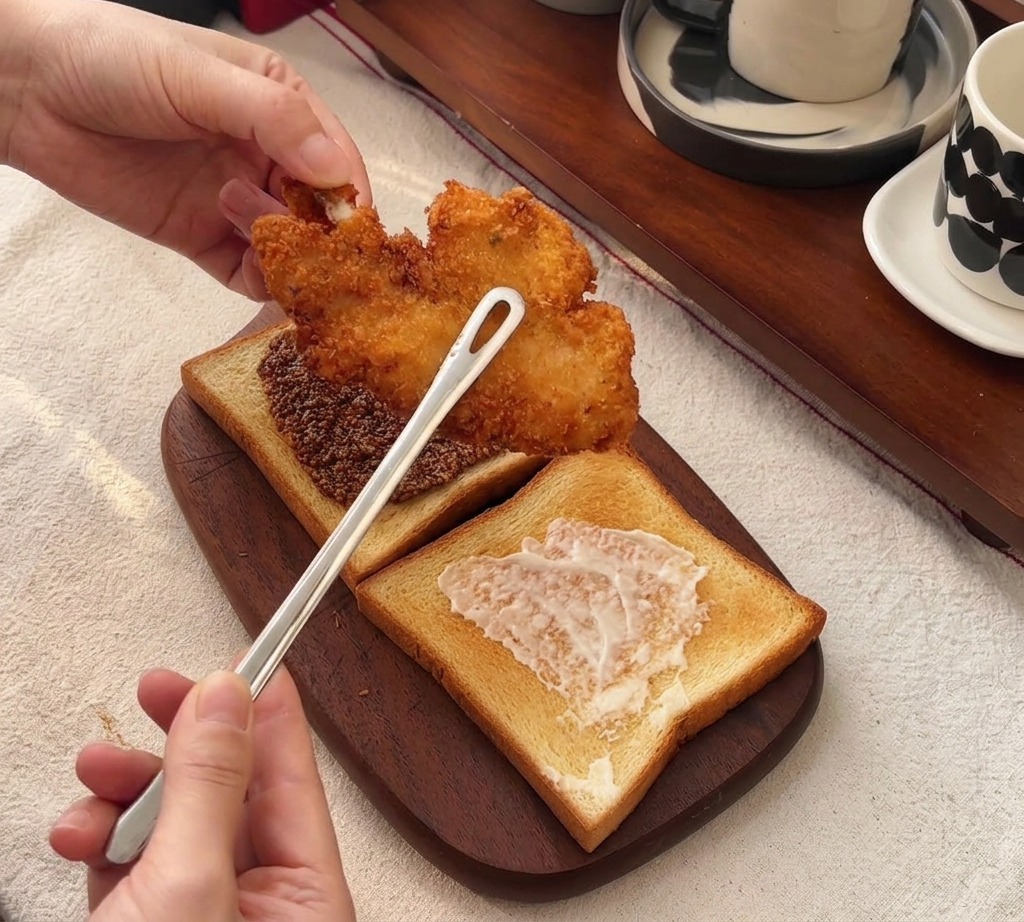Pince déposant un filet de poulet frit croustillant sur une tranche de toast tartinée de miel-moutarde.