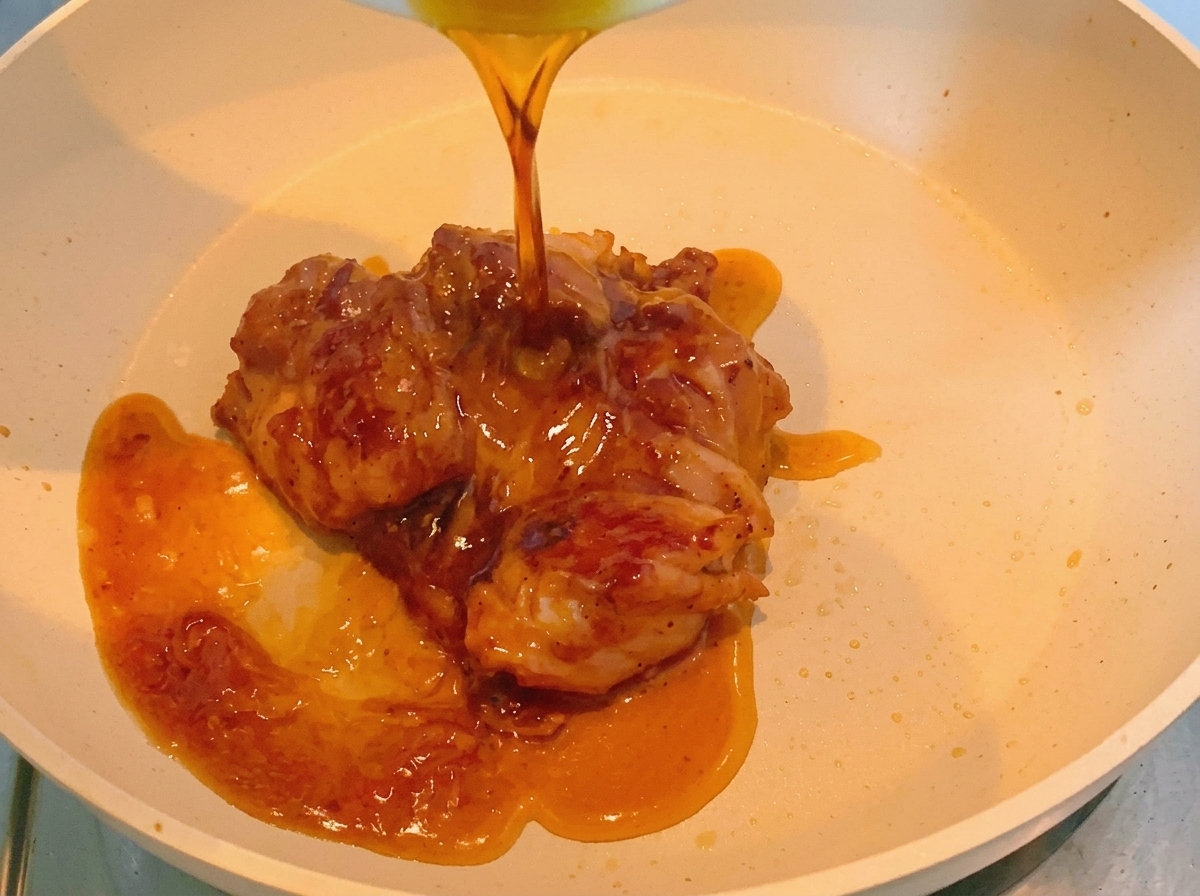 Un glaçage sombre et savoureux versé sur le poulet frit dans une poêle blanche.