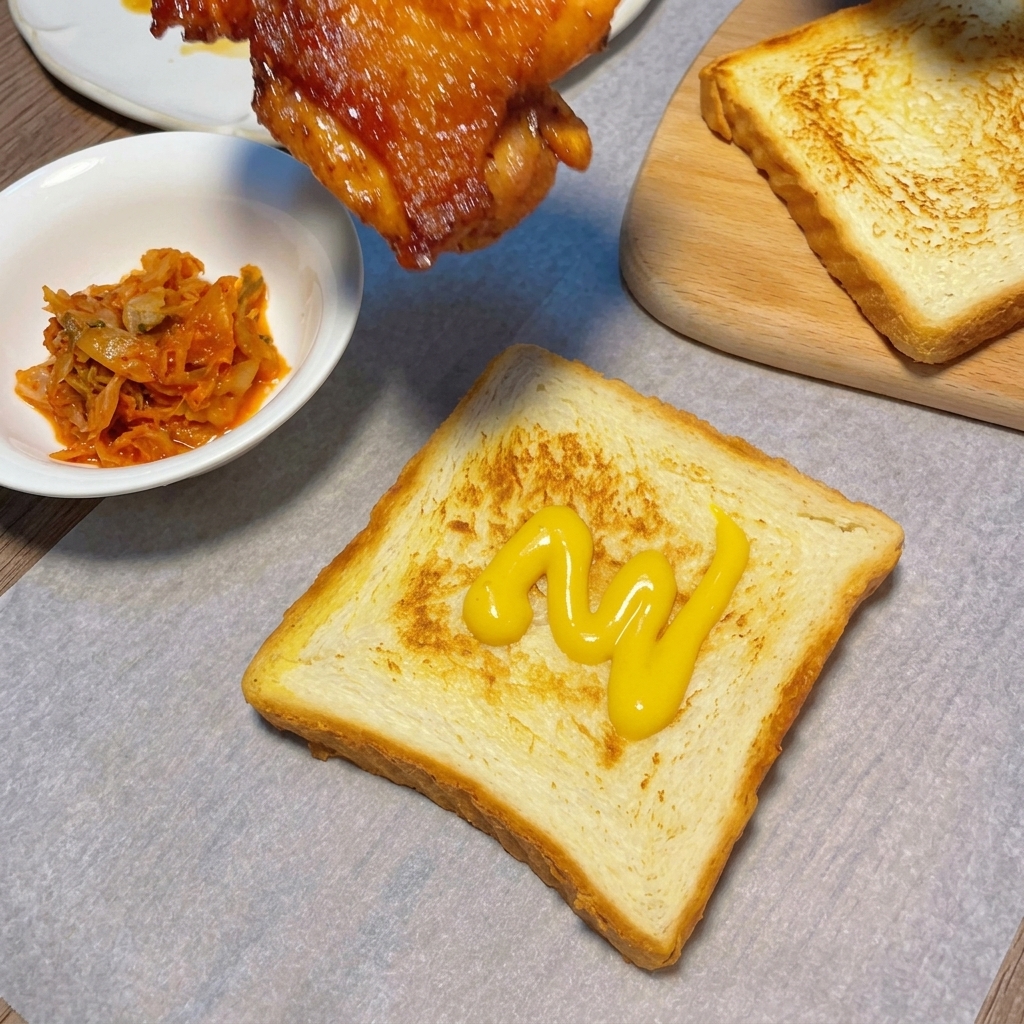 Un haut de cuisse de poulet laqué et brillant déposé sur une tranche de pain toasté tartinée de moutarde.