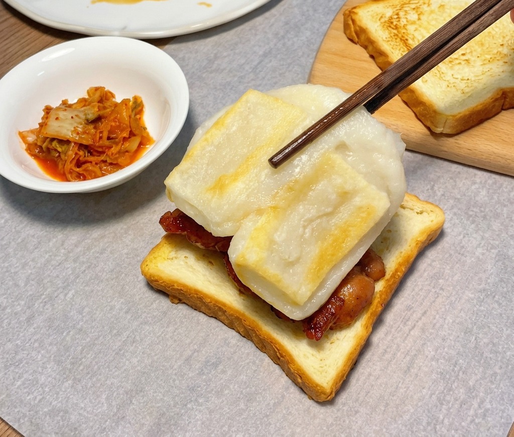 Des baguettes déposant des gâteaux de riz blancs saisis à la poêle sur le poulet laqué.