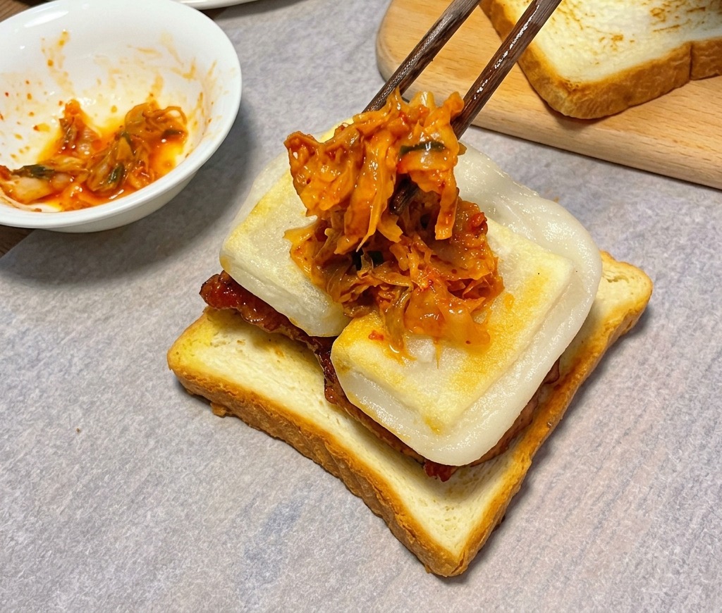 Des baguettes déposant une portion de kimchi rouge vibrant sur les gâteaux de riz et le poulet.
