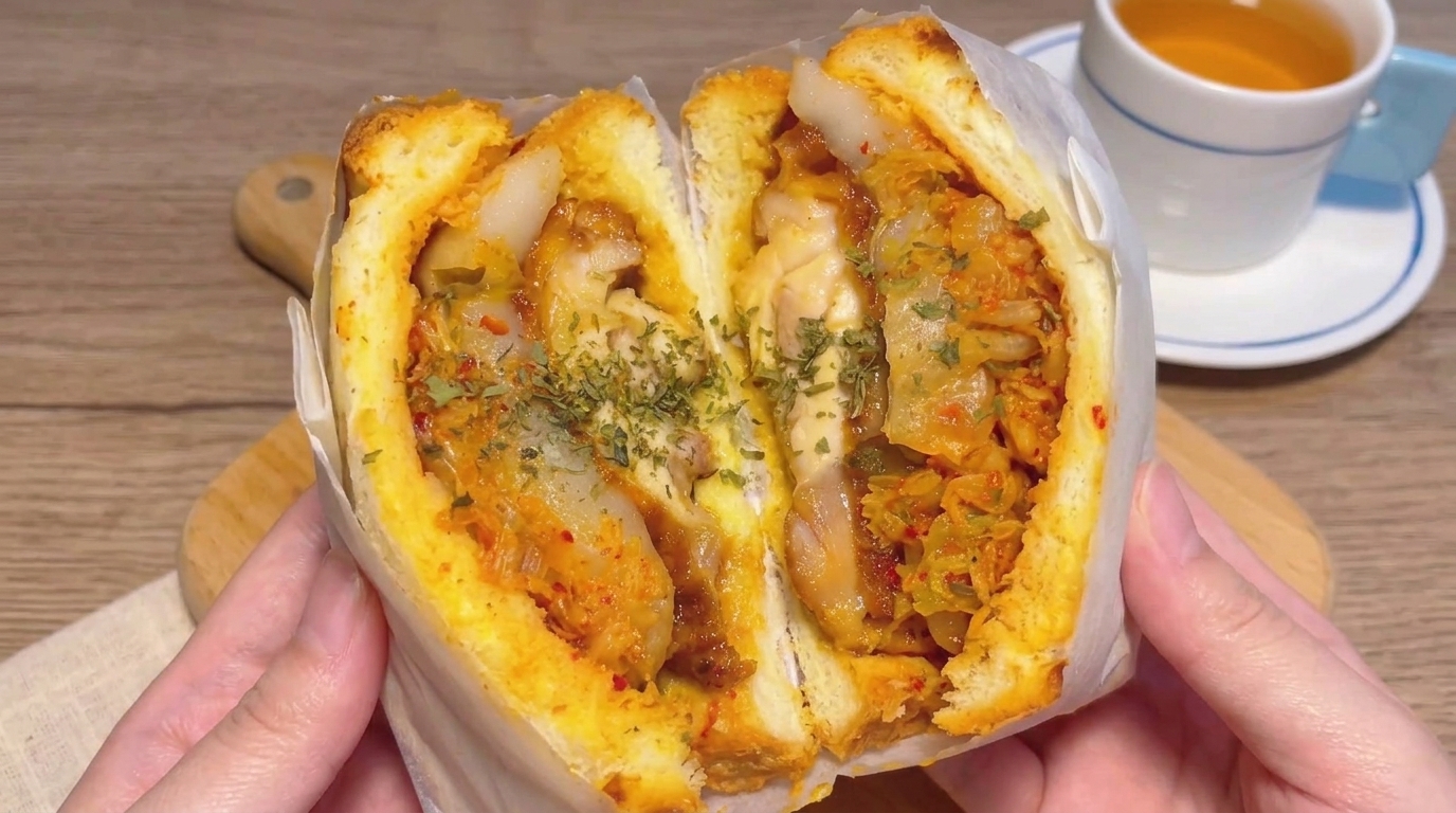 Sandwich Fusion au Poulet Frit Coréen et Gâteaux de Riz (Garaetteok)