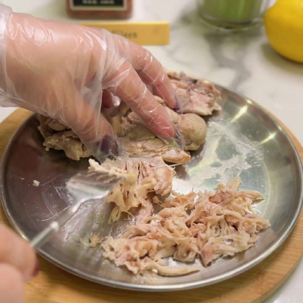 Des mains utilisant une fourchette pour effilocher du poulet cuit sur une assiette en métal.