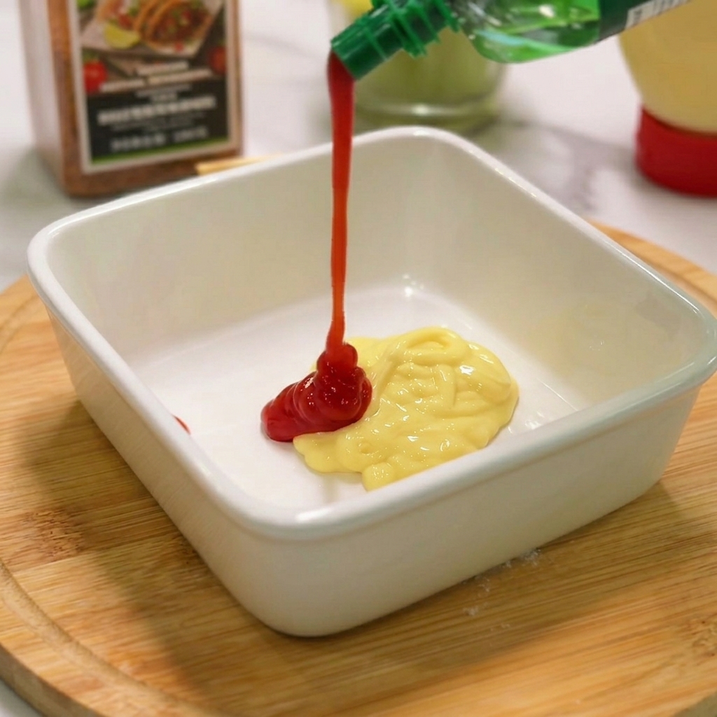 Du ketchup versé sur une noisette de mayonnaise dans un ramequin blanc.