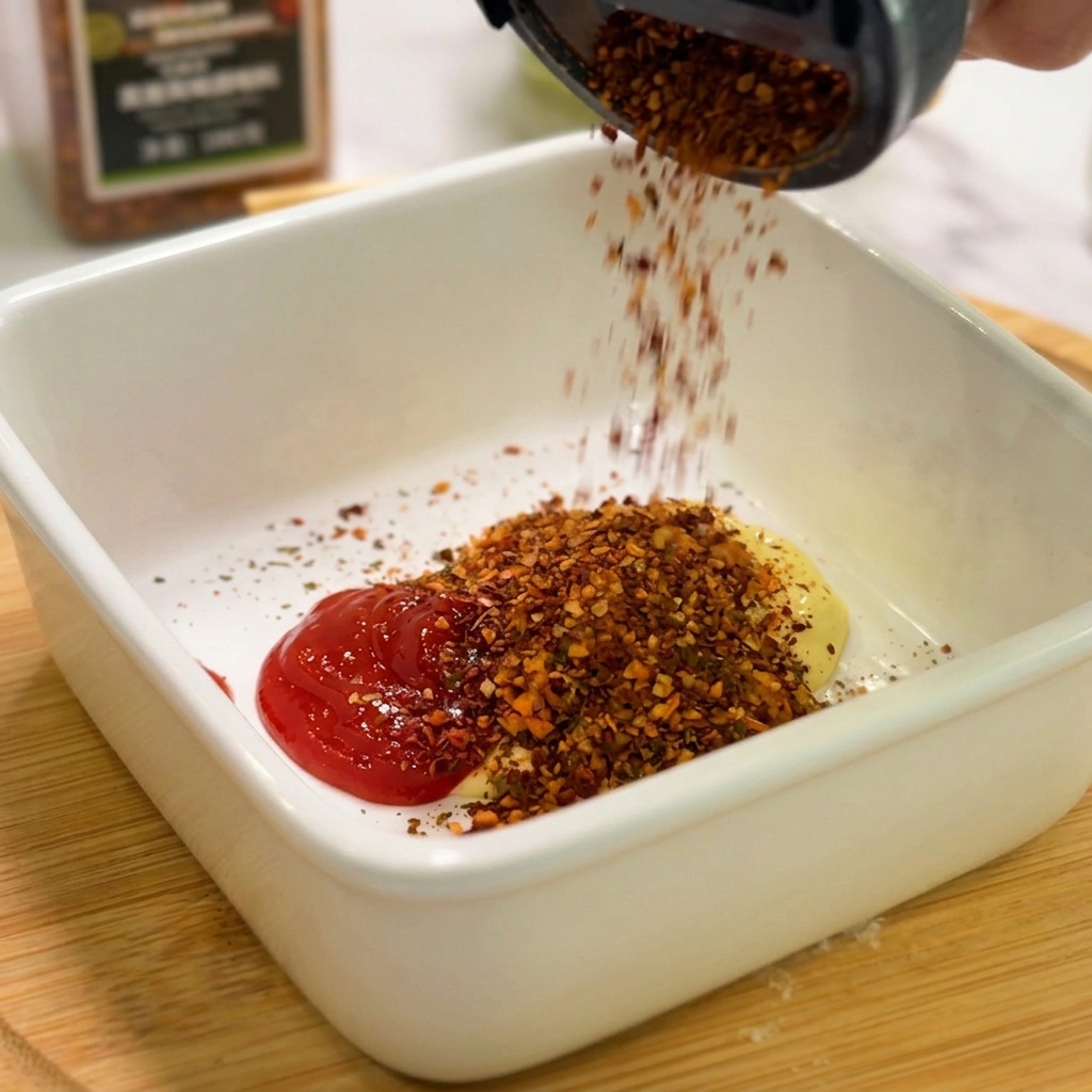 Mélange dépices mexicaines versé sur la mayonnaise et le ketchup dans un bol blanc.