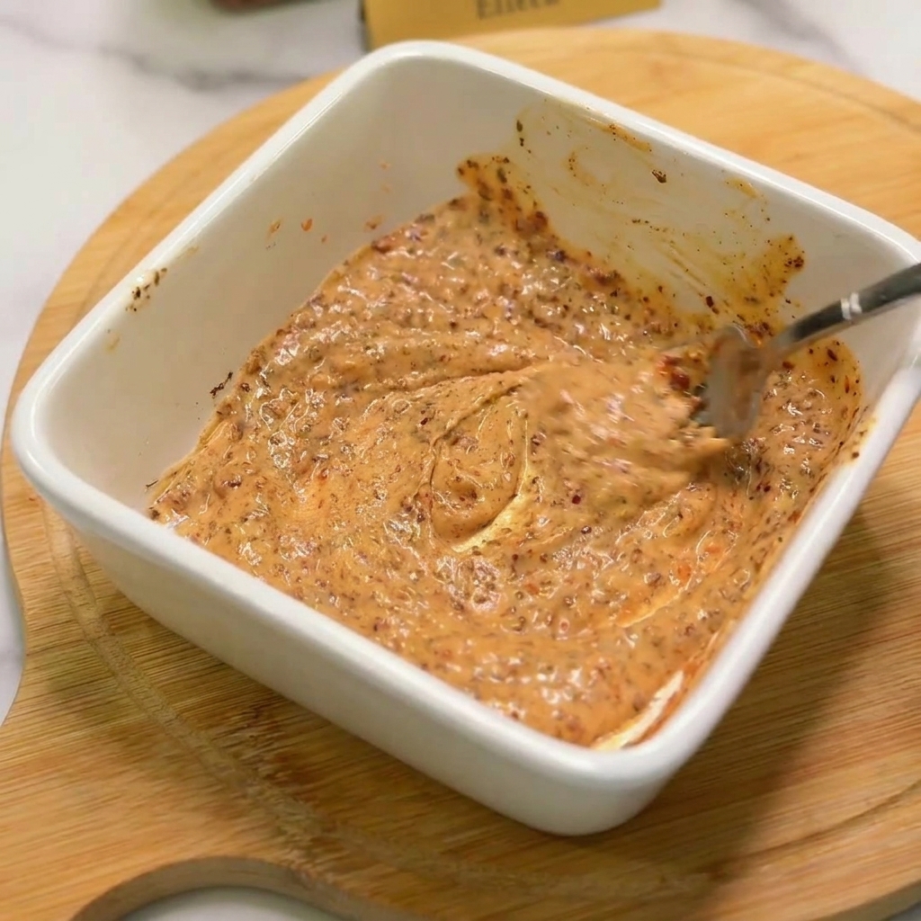 Une fourchette mélangeant une sauce orange onctueuse parsemée dépices dans un plat blanc.