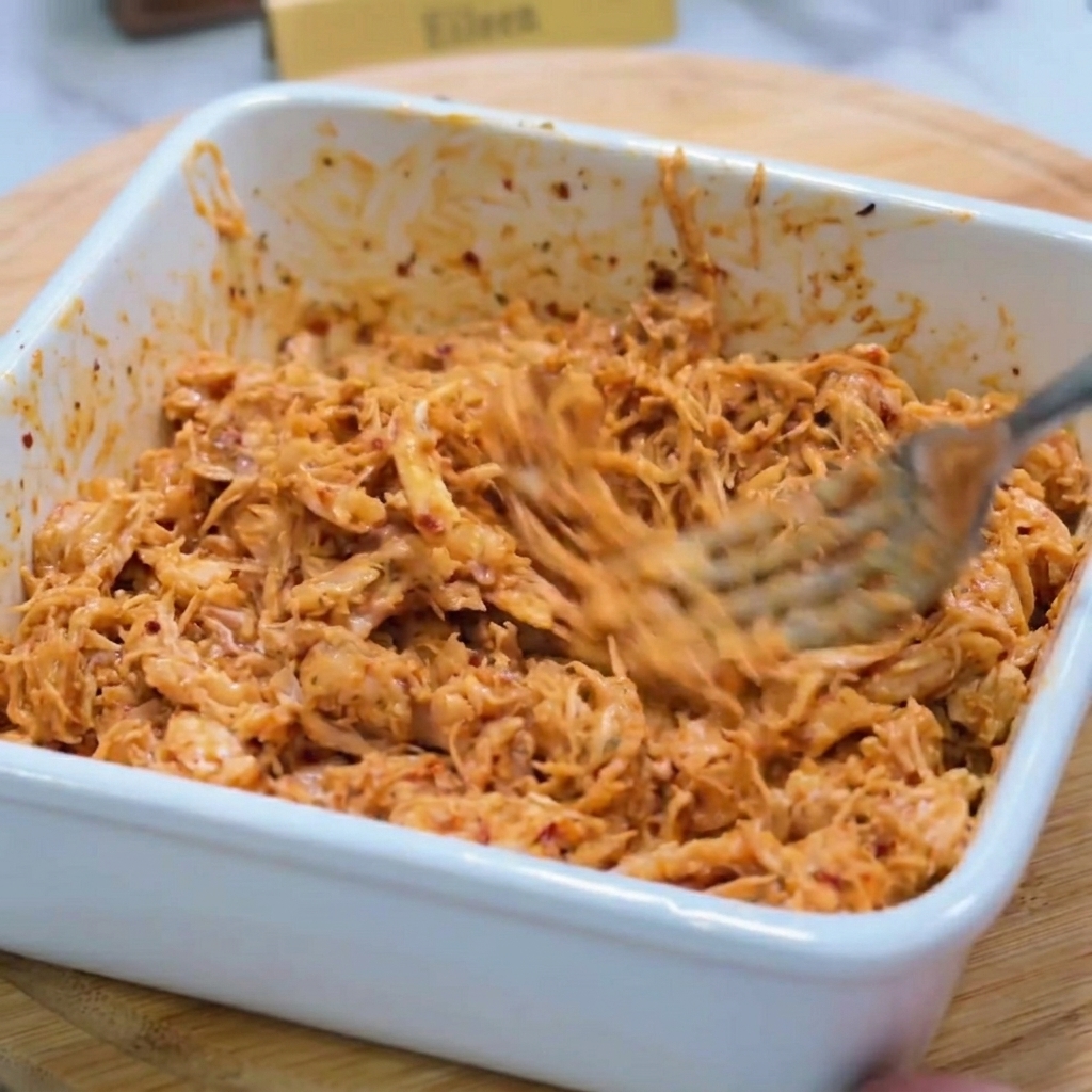 Poulet effiloché mélangé à une sauce mayonnaise épicée dans un bol blanc à laide dune fourchette.