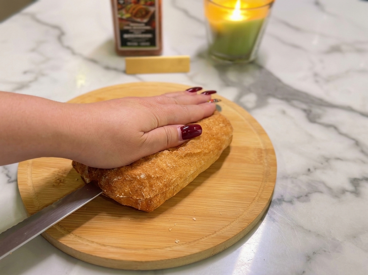 Une main posée à plat sur un pain ciabatta pendant quil est coupé en deux horizontalement.