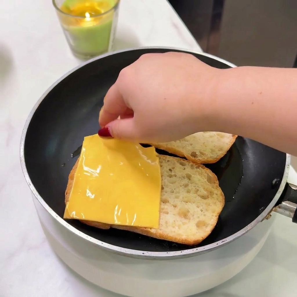 Une main déposant une tranche de fromage sur la moitié grillée dune ciabatta dans une poêle.