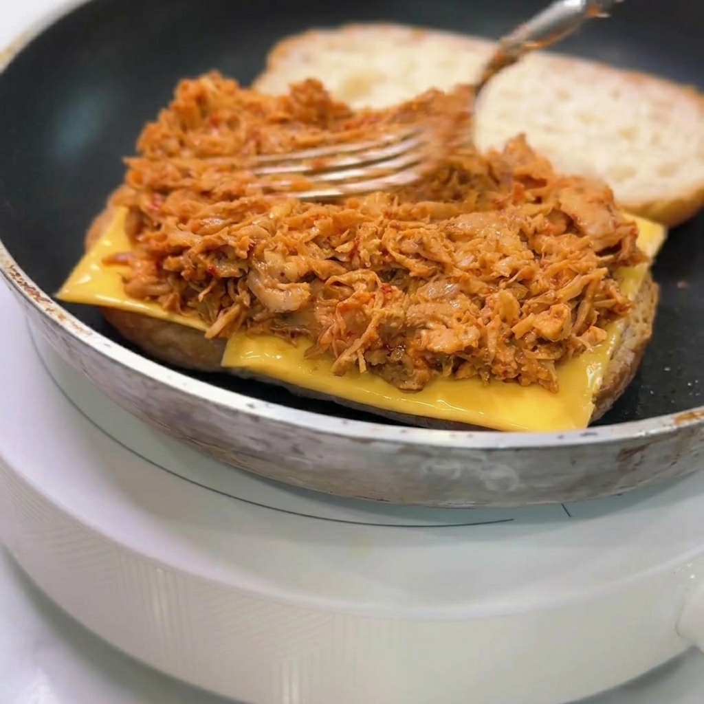 Une fourchette étalant une couche de poulet à la sauce orange sur le fromage fondu dans une ciabatta.