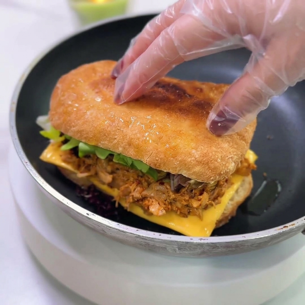 Une main posant la partie supérieure de la ciabatta sur le sandwich garni de poulet, fromage et laitue.