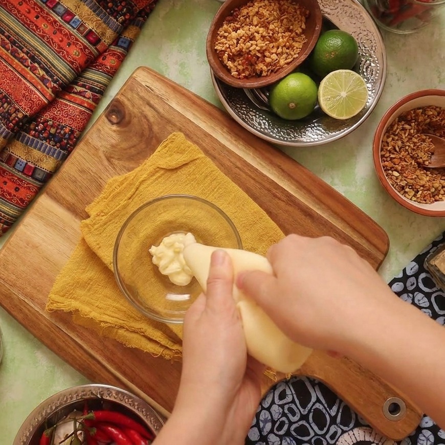 Vue de dessus de mains pressant de la mayonnaise dans un bol en verre où lail haché est déjà prêt.