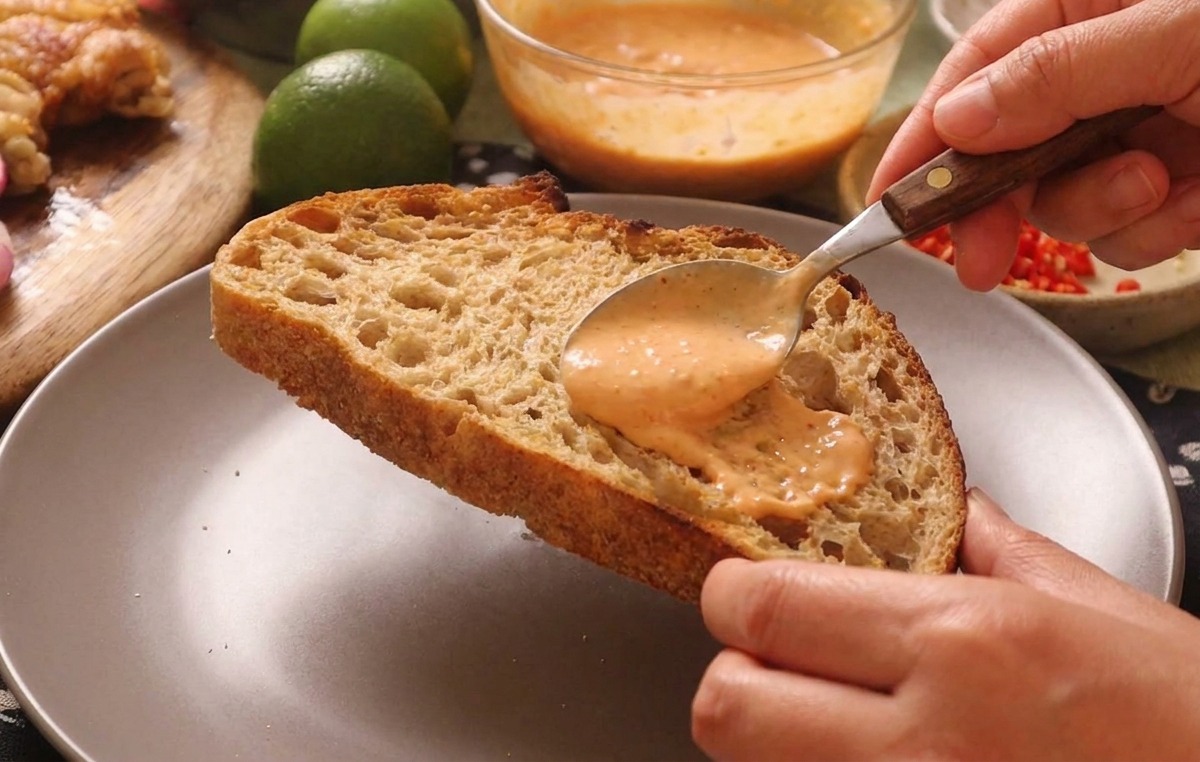 Une cuillère étalant une couche épaisse de sauce orange sur une grande tranche de pain au levain grillé.