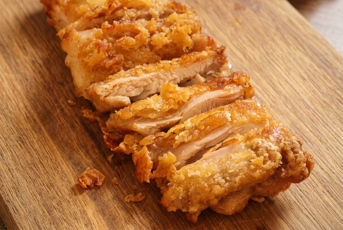 Gros plan dun haut de cuisse de poulet frit doré coupé en plusieurs lamelles épaisses sur une planche en bois.