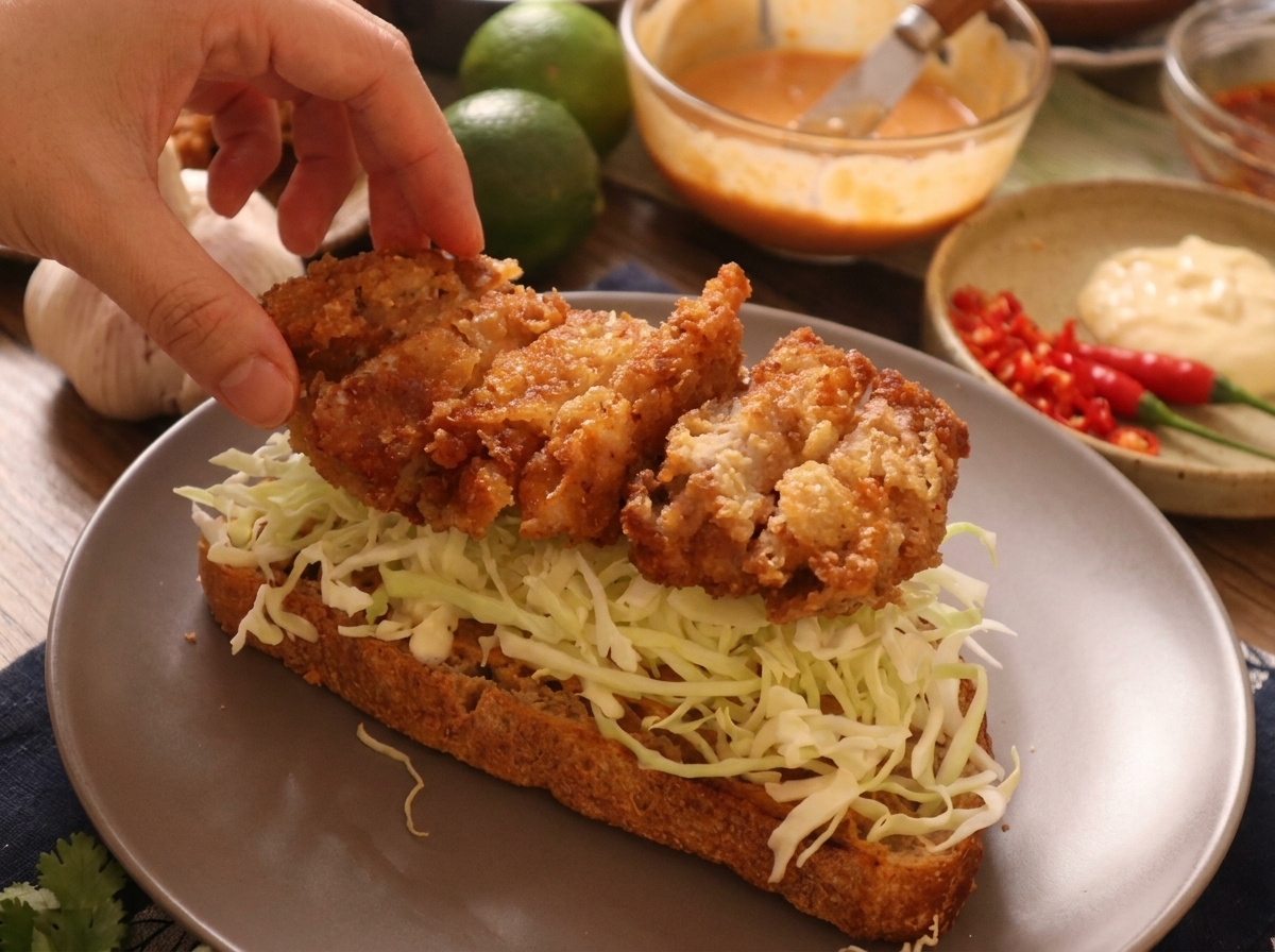 Une main disposant les tranches de poulet croustillant sur le lit de chou sur le pain grillé.