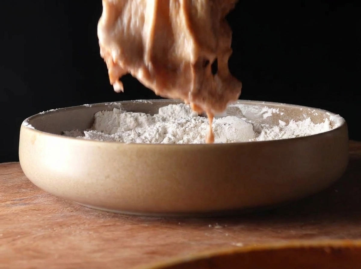 Un morceau de poulet généreusement mariné suspendu au-dessus dun plat de farine assaisonnée.
