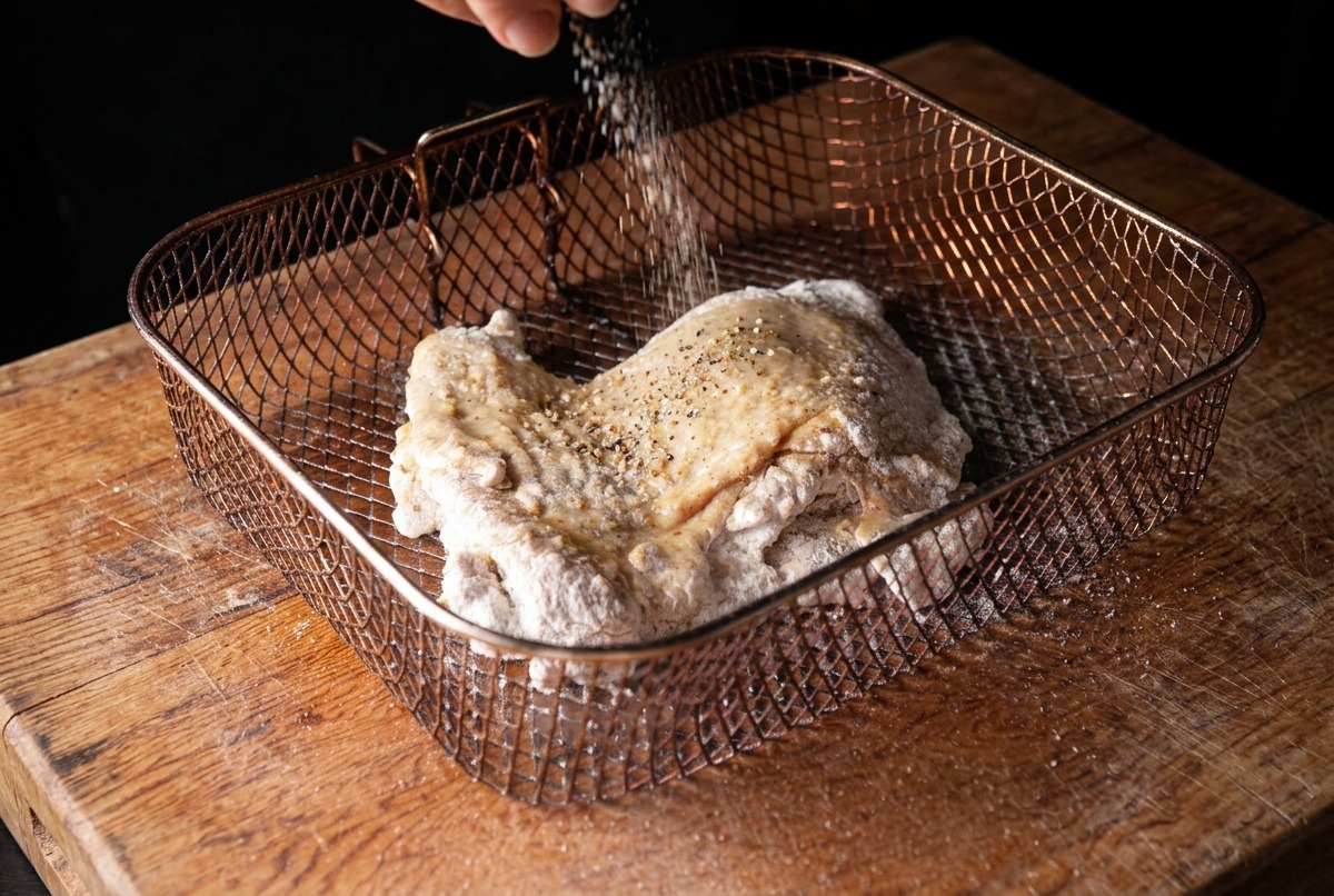 Vaporisation dhuile de cuisson sur un morceau de poulet fariné dans le panier dun air fryer.