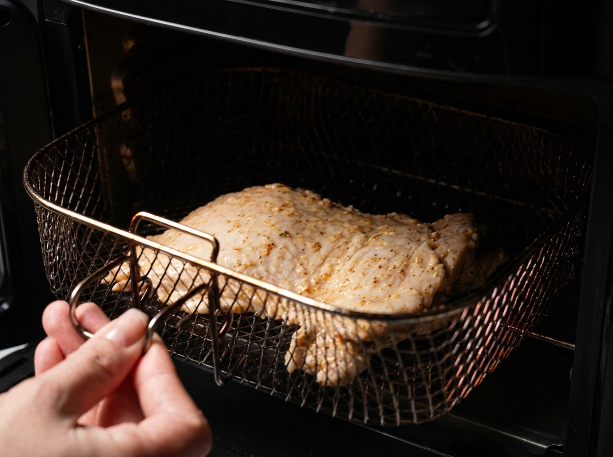 Un haut de cuisse de poulet frit bien doré et croustillant dans le panier dun air fryer noir.