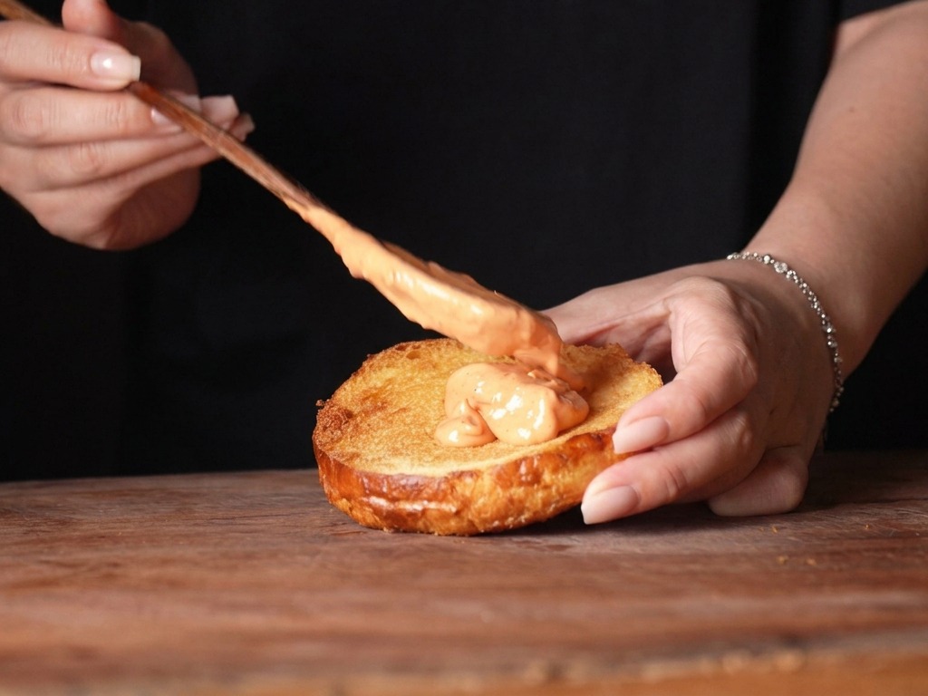 Ajout de riz soufflé croustillant sur un burger au poulet pendant lassemblage.