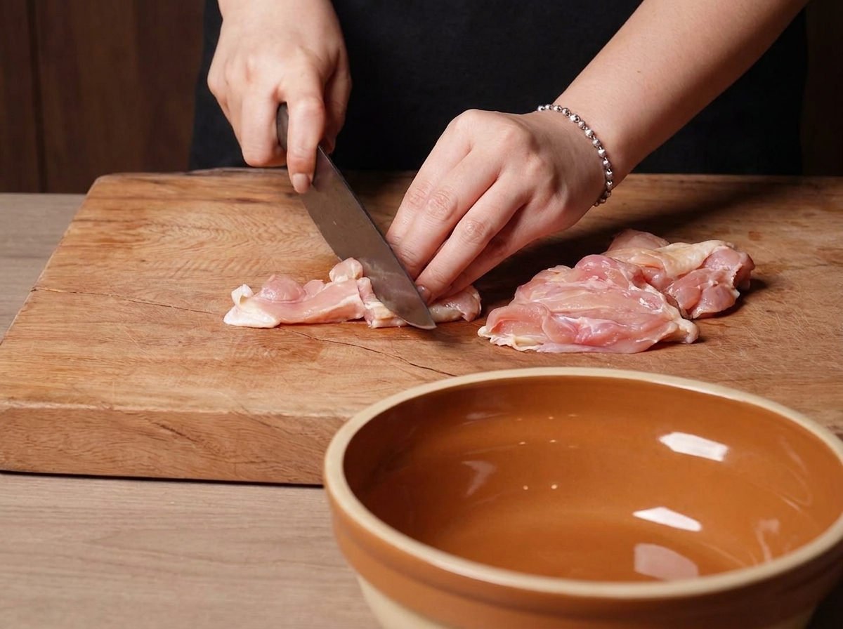 Mains coupant des hauts de cuisse de poulet crus sur une planche à découper en bois.