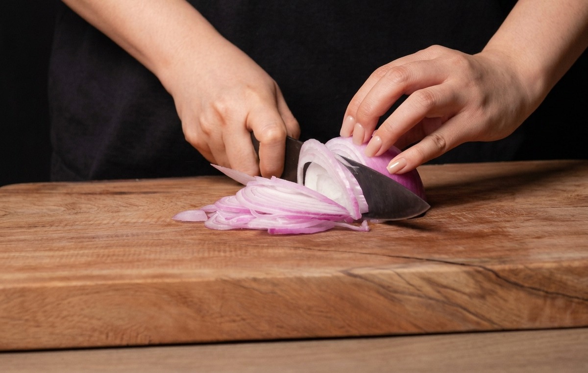 Mains tranchant un oignon rouge en fines lamelles sur une planche en bois.