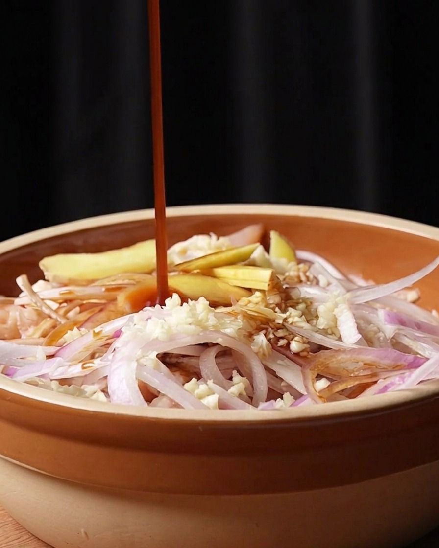 Sauce dhuître épaisse versée en filet dans le bol de marinade.