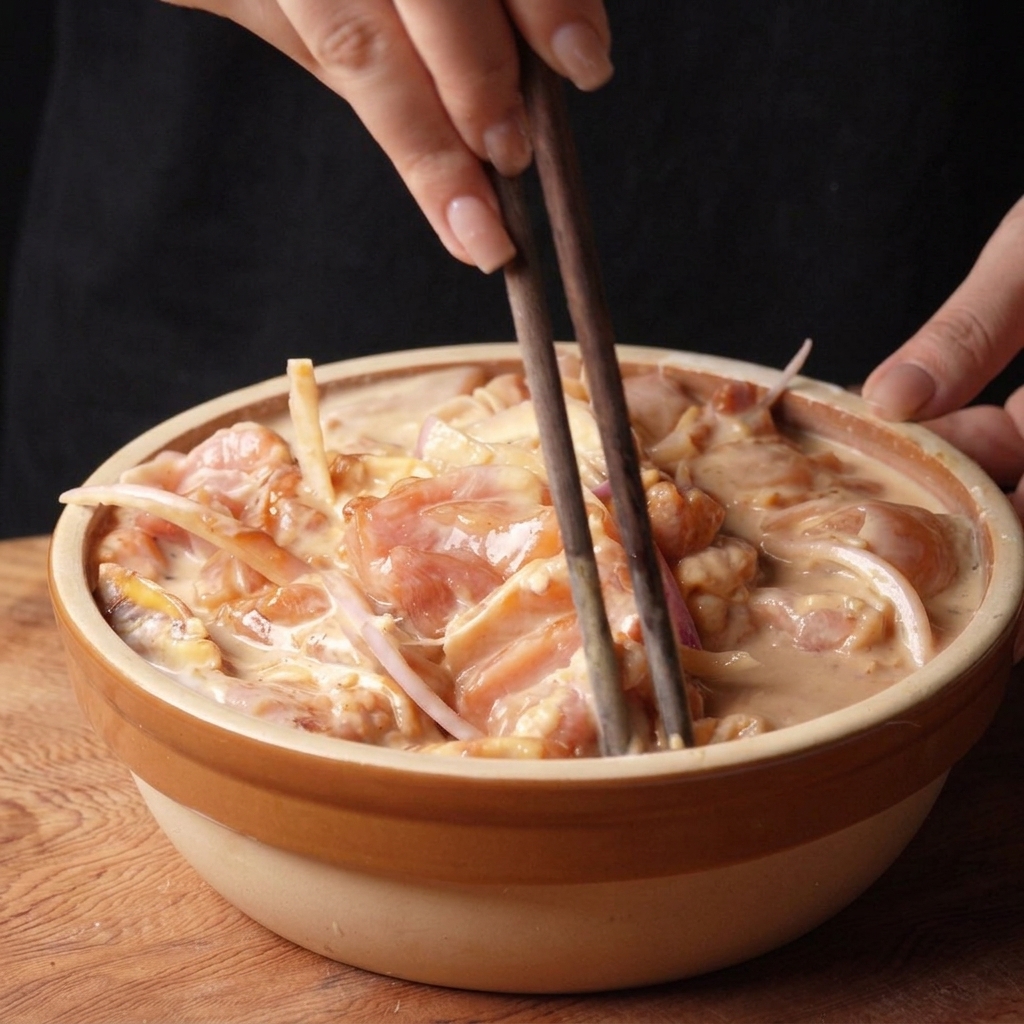 Mélange du poulet et de sa marinade crémeuse à laide de baguettes en bois.