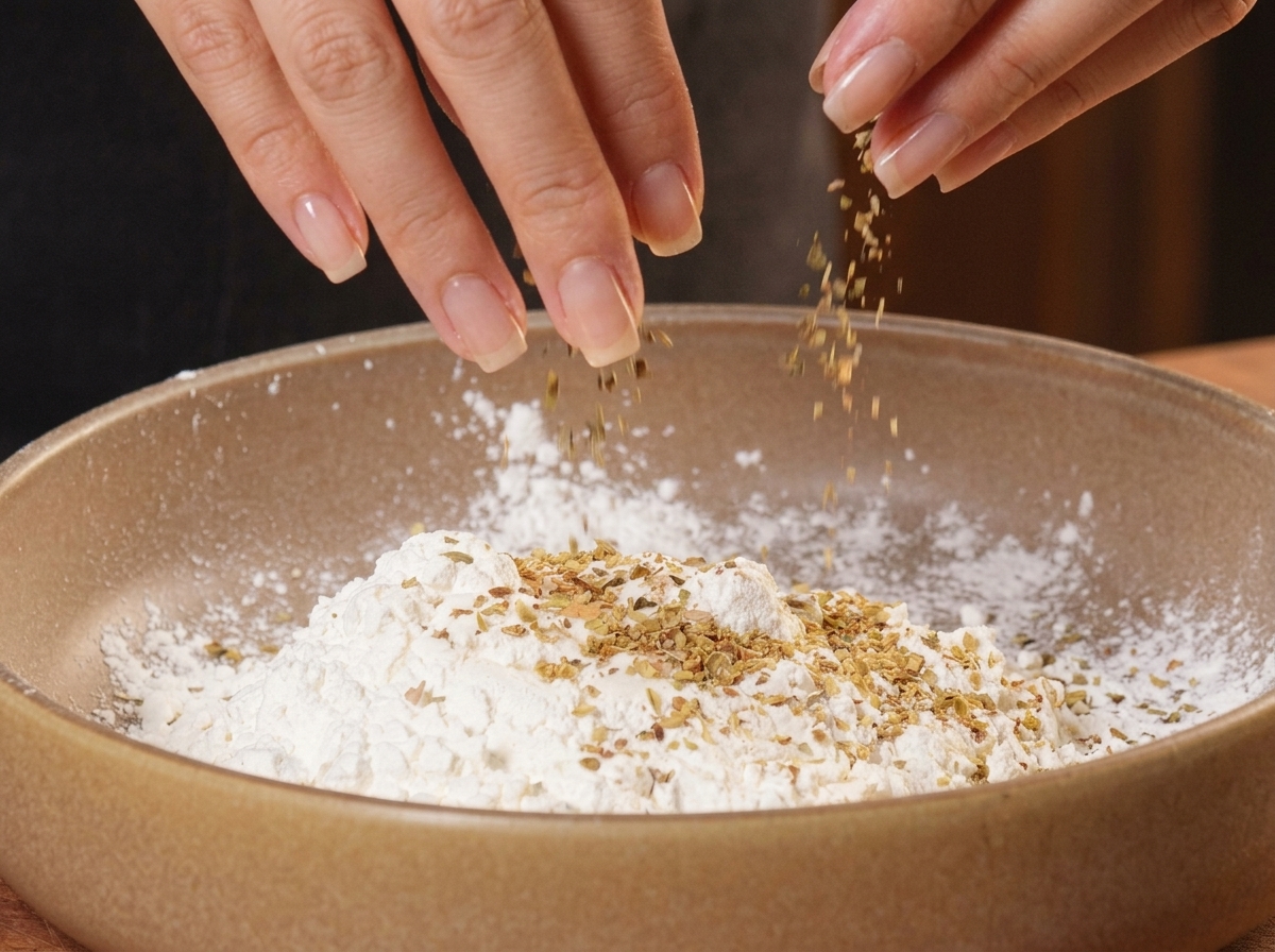 Mains saupoudrant des épices sèches sur le mélange de farine et de fécule.
