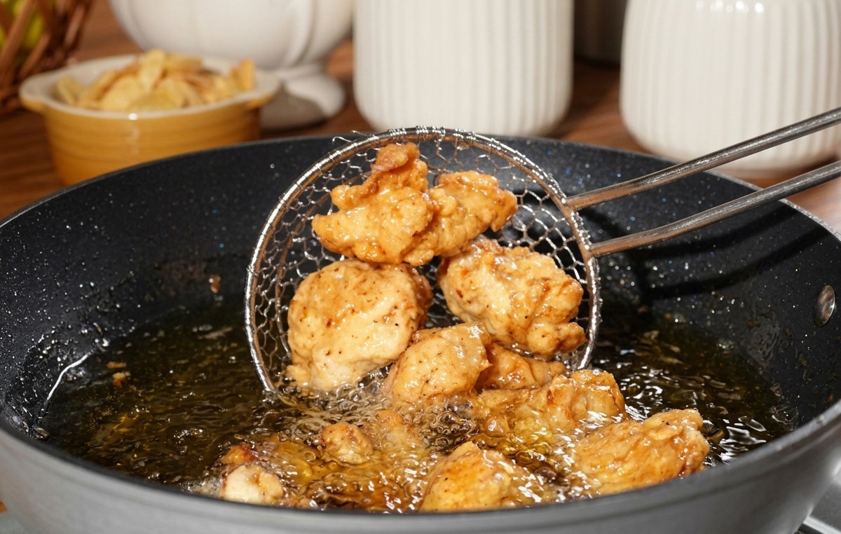 Écumoire soulevant des morceaux de poulet légèrement dorés hors de lhuile chaude.