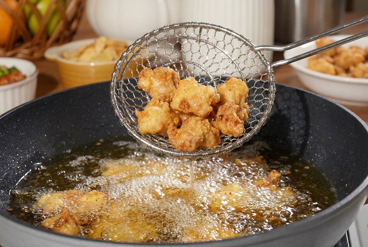 Morceaux de poulet bien dorés et croustillants sortis de lhuile avec une écumoire.