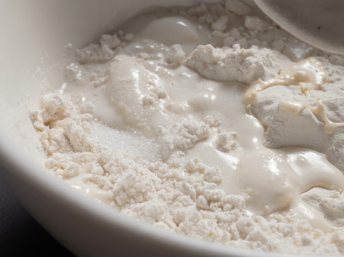 De lhuile versée en filet dans un bol mélangeur blanc contenant de la farine et le mélange lait-levure.