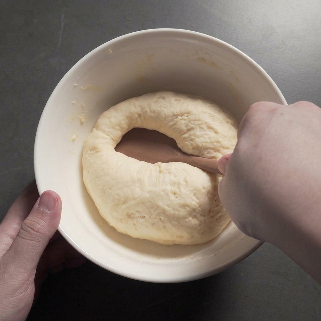 Une main utilisant une spatule en bois pour presser le centre dune boule de pâte pâle et bien levée dans un bol en céramique.